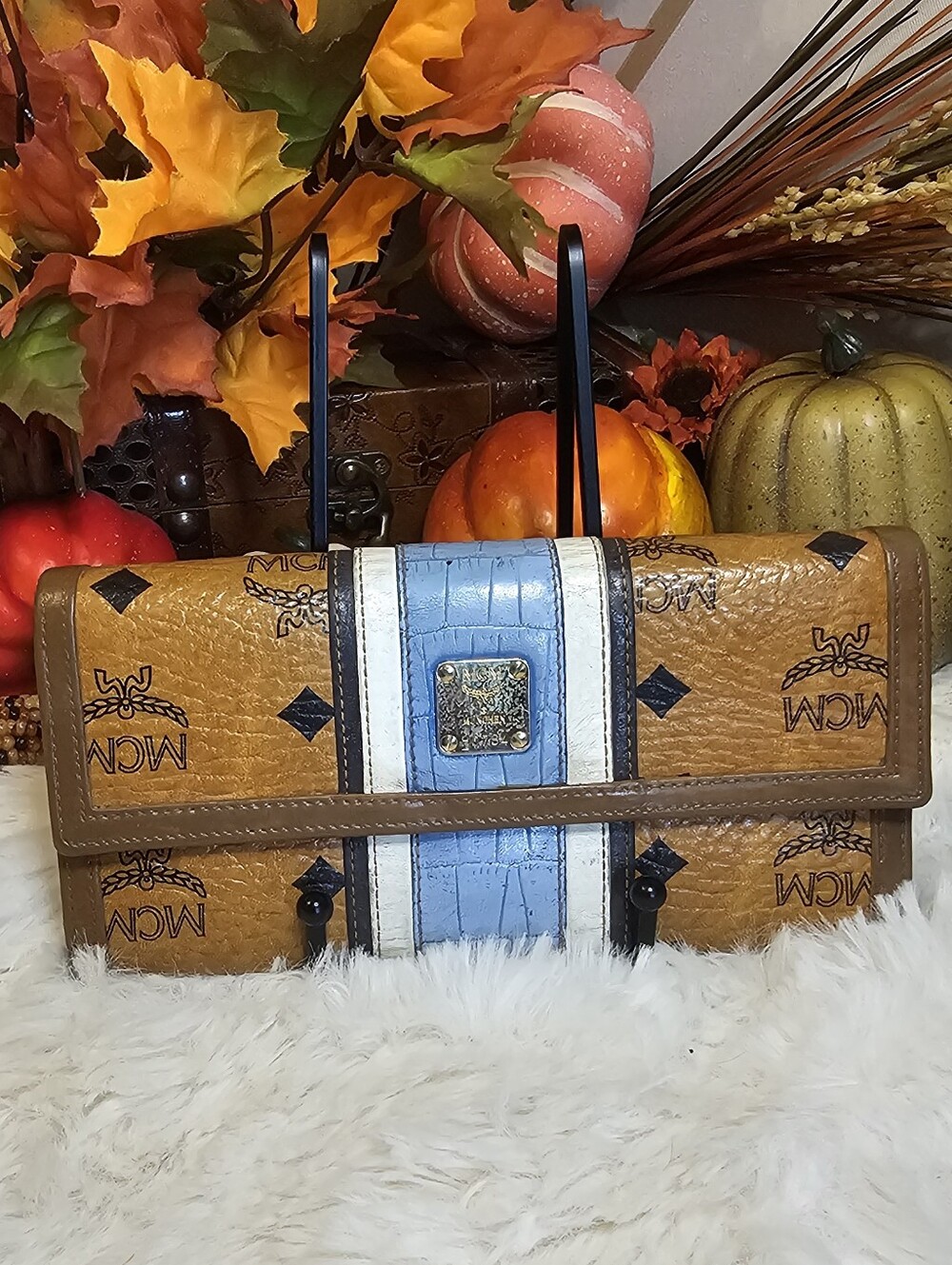 MCM Cognac Logo Wallet with Light Blue and White Stripe